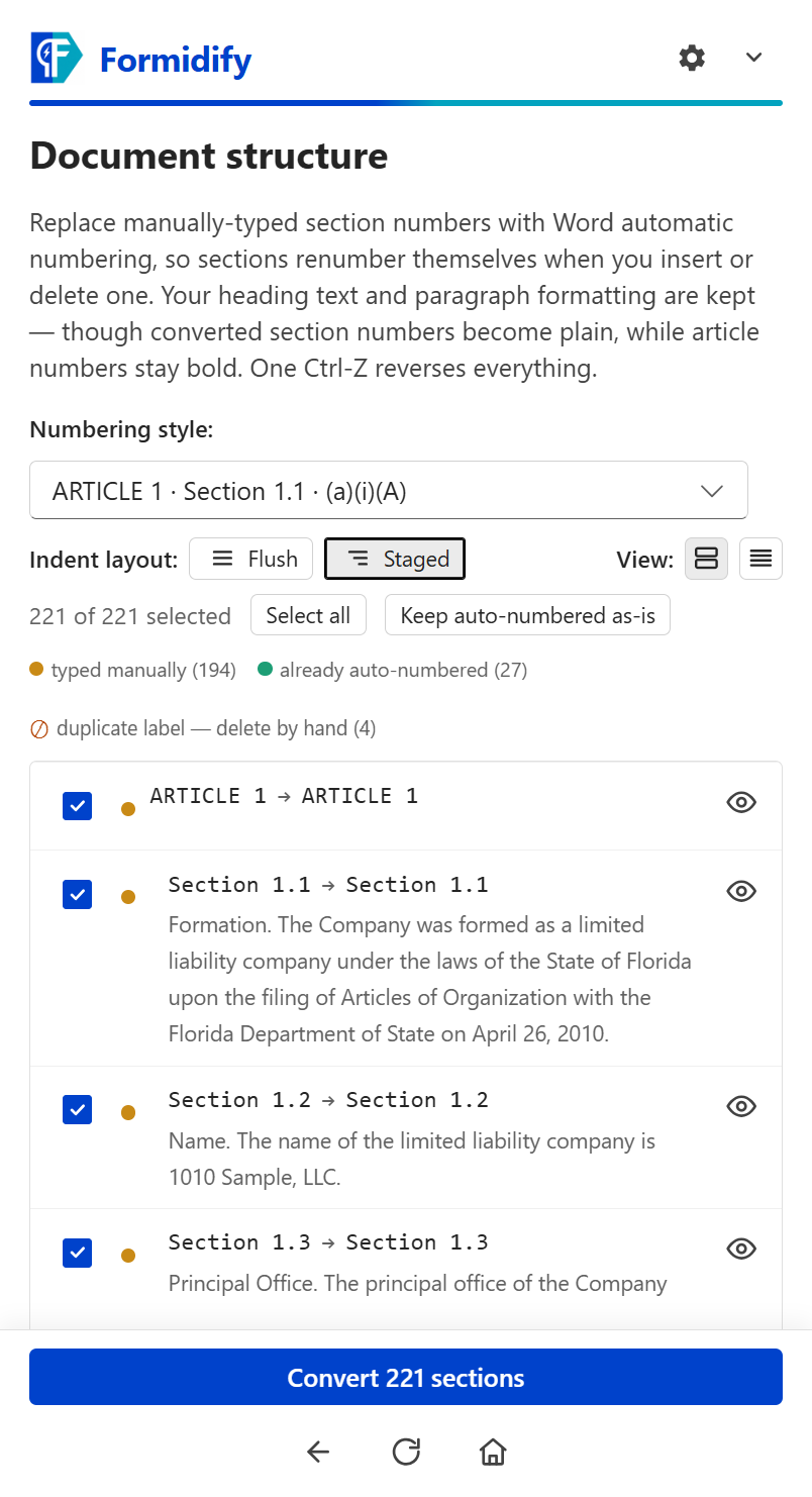 Formidify numbering conversion preview showing the chosen numbering style